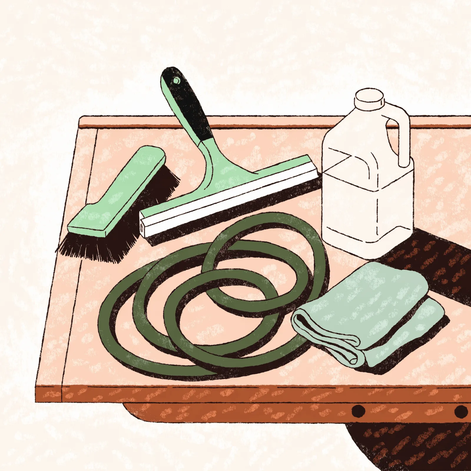 Illustration of window cleaning tools laid out on a truck tailgate: squeegee, scrubber, coiled hose, jug of purified water and a folded cloth
