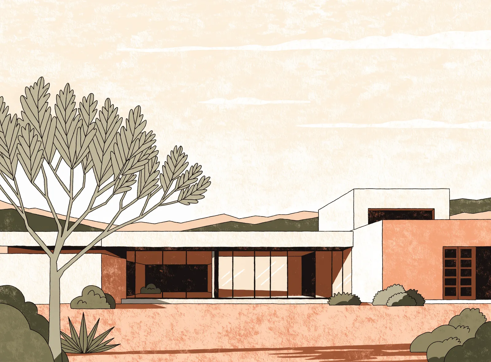 Illustration of a flat-roofed desert home with a wall of clean glass, a palo verde tree and low mountains behind, in cream, terracotta and sage