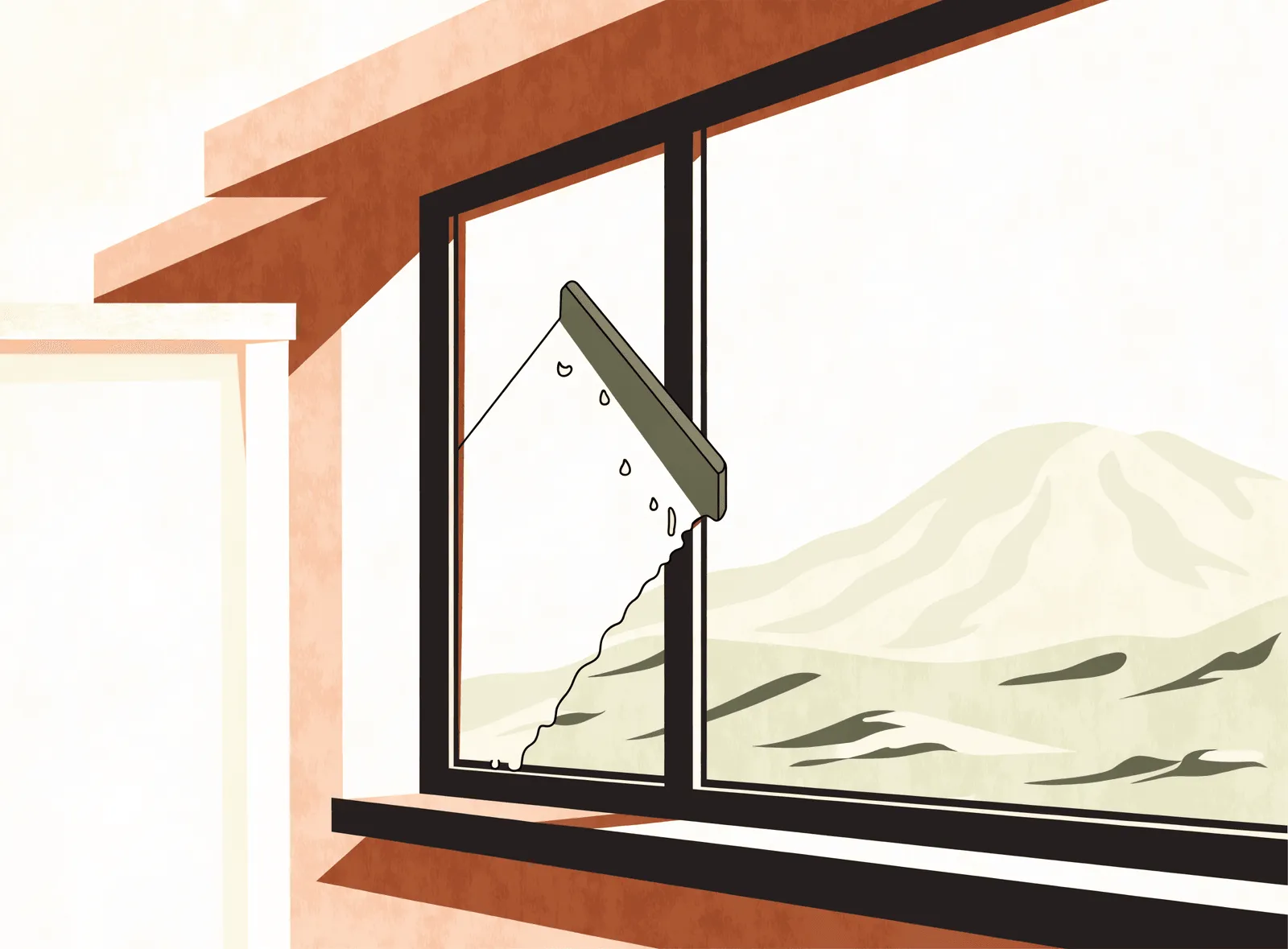 Illustration of a squeegee pulling a clean stripe across a window that looks out on sage-green desert hills